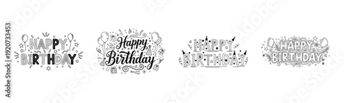 Decorative black and white happy birthday designs with balloons and stars