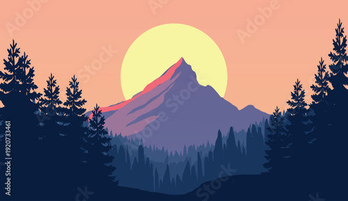Mountain Sunset Landscape Vector Art - Pine Forest Silhouette, Warm Sky, Minimalist Scenery