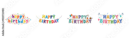 Colorful happy birthday text with festive decorations