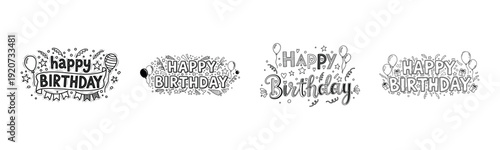 Set of four hand-drawn happy birthday designs with balloons and stars