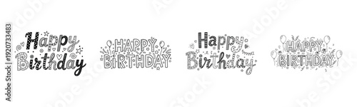 Playful black and white happy birthday typography designs with decorative elements