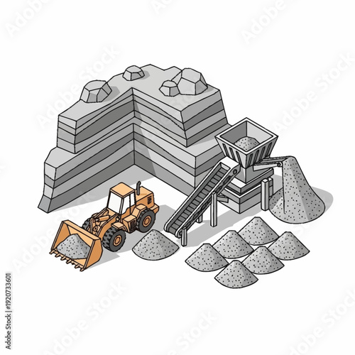 Quarry site with loader and gravel piles.