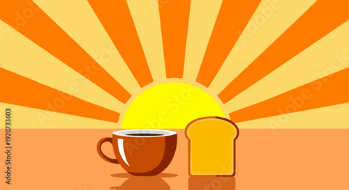 Breakfast scene with a cup of coffee and a slice of toast in front of a rising sun background. Created in a flat vector style with a warm orange and yellow color palette.