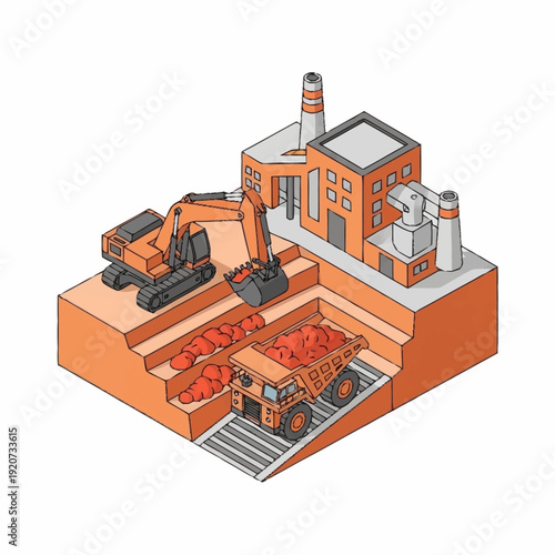 Isometric illustration of an industrial mining operation with excavator and processing facility.