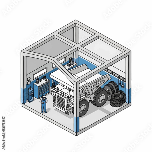 3D isometric illustration of a garage with a truck and mechanic working.