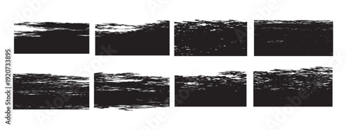 A collection of monochrome grunge brush stroke textures featuring distressed, rough and messy effects. Perfect for overlays, banners, frames, typography backgrounds, posters.