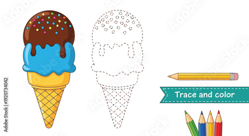 The ice cream cone tracing activity shows toppings and scoops.