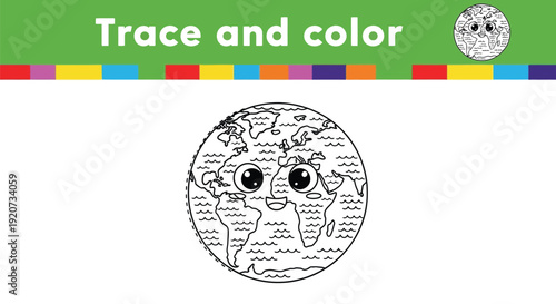 The Earth globe tracing activity features large cartoon eyes.