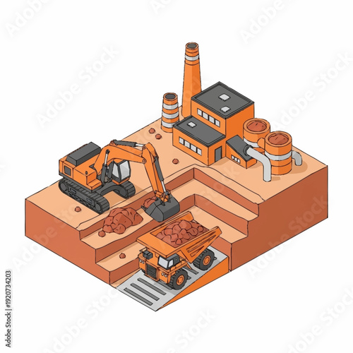 Isometric illustration of an industrial mining site with excavator and dump truck.