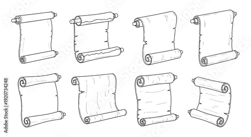 Eight different blank parchment scroll designs are shown.