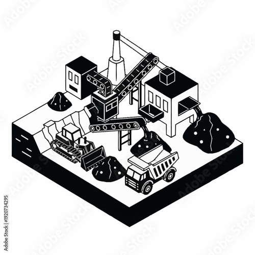 Isometric illustration of industrial site with machinery and vehicles.