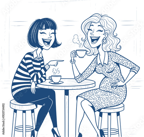 Two women laughing over coffee at a table in blue tones