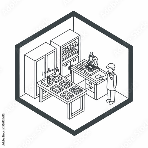 Scientist working in a laboratory with various equipment and storage.