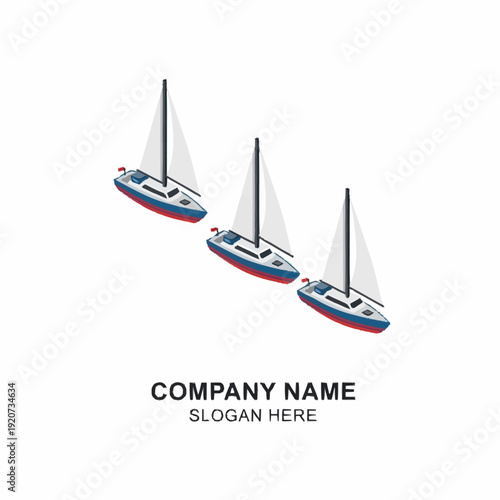 Three sailboats with white sails and red blue hulls on white background.
