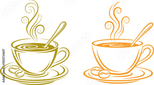Hot coffee cup steam saucer spoon coffee beans line art breakfast drink graphics