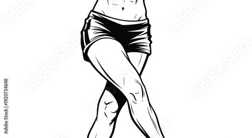 The athletic woman's lower body shows toned legs in shorts.