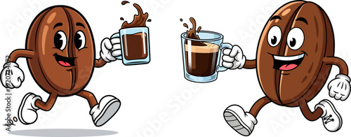 Happy coffee bean cartoon character running with coffee mug in hand