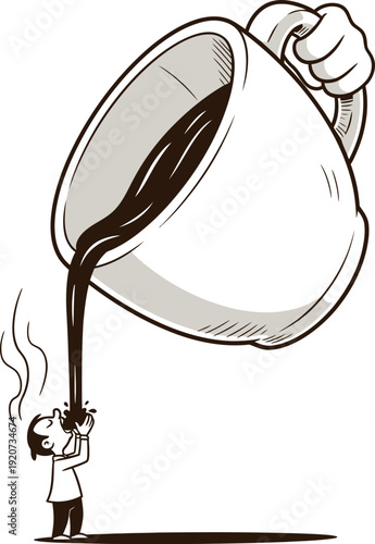 Large coffee cup pouring stream of coffee into small person mouth