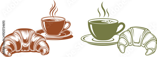 Morning coffee or tea with croissants in orange and green for breakfast pastry french baked food