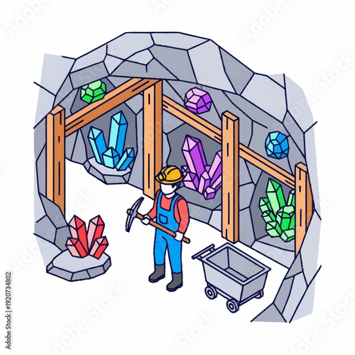 Miner extracting precious stones in underground cave.