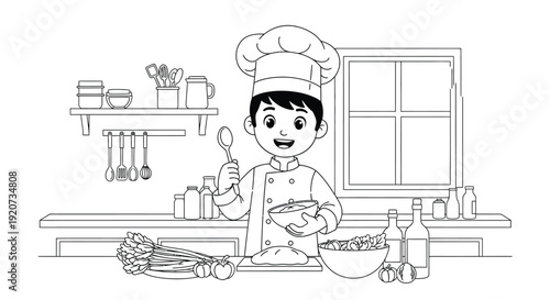 Young chef proudly holds tasting spoon inside kitchen.