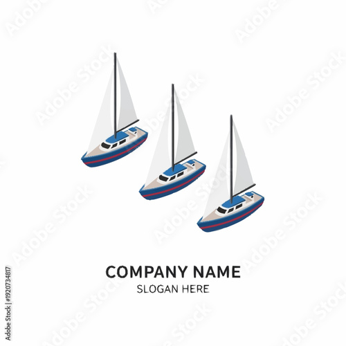 Three Sailing Boats with White Sails and Blue Hulls.