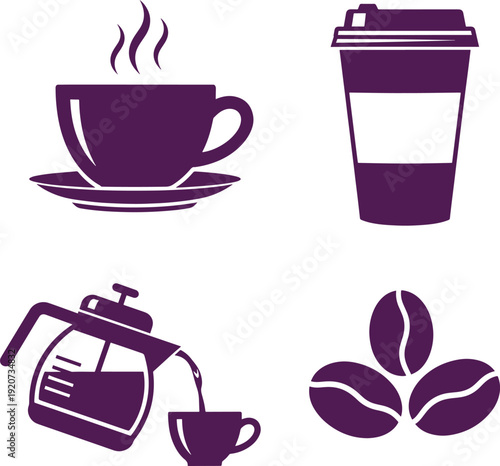Purple coffee icons with cup and coffee maker on transparent background