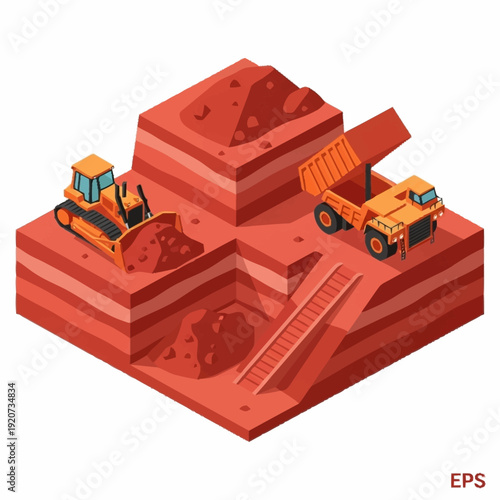 Isometric illustration of mining site with heavy machinery.