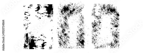 Black grunge frame and distressed texture set features rough brush strokes, splatter effects, and abstract ink borders . ideal for album covers, typography frames, and modern graphic design. 