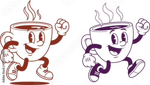 Running coffee cup mascot character in retro vintage rubber hose animation style