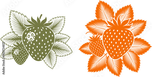Strawberry fruit with leaves graphic design in green and orange color variations