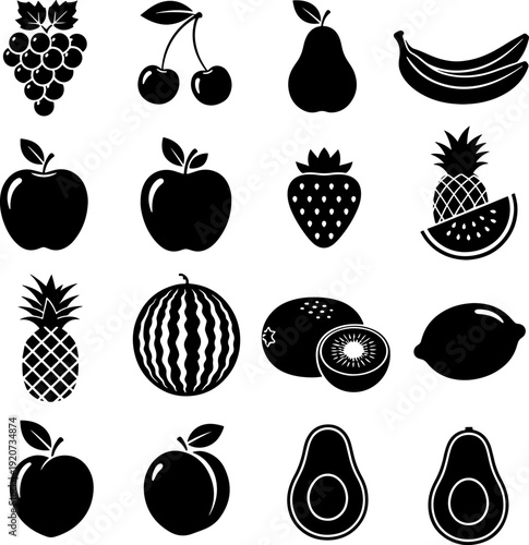 Set of black fruit icons on transparent background for organic food and design