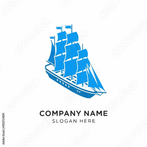 Blue Sailing Ship Logo Design Template with Placeholder Text.