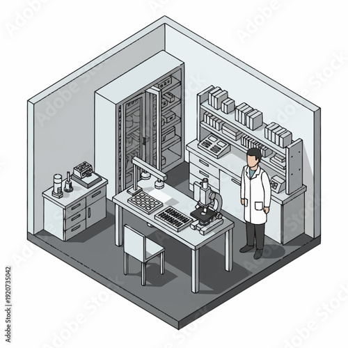 Scientist in a laboratory setting with equipment and storage.