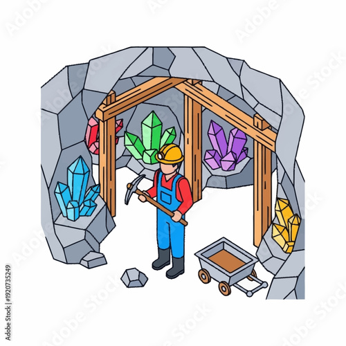 Miner extracting precious crystals from a rocky cave.