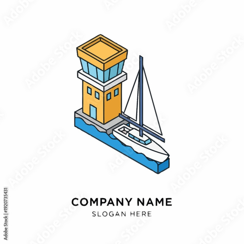 Stylized illustration of a control tower and yacht on a dock.