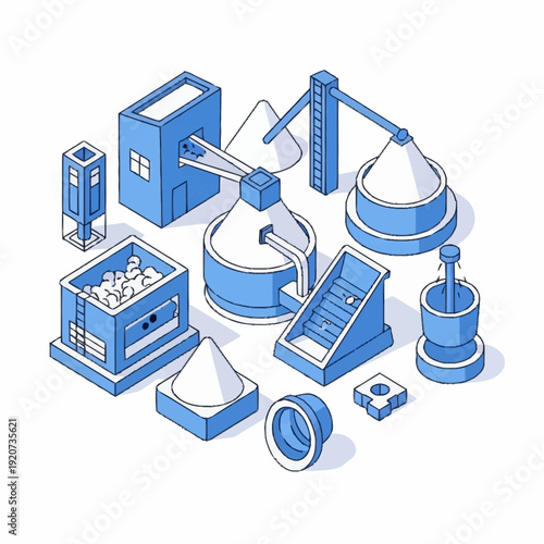 Industrial factory equipment and machinery isometric illustration.