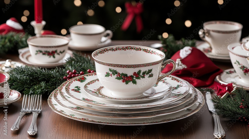 Fototapeta premium Christmas Holiday Dinner Table Setting with Festive China and Cups
