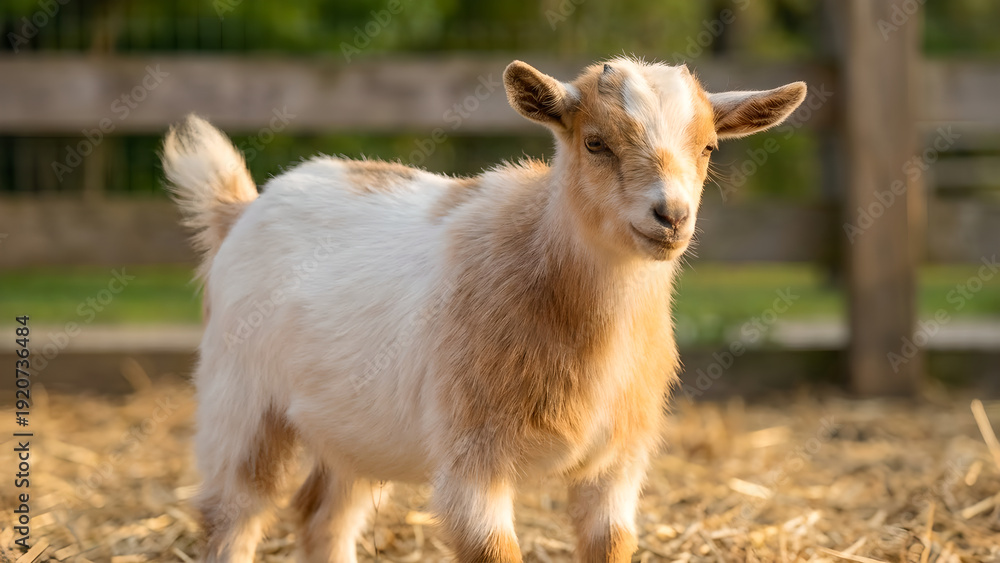 Fototapeta premium Cute Baby Goat Standing in a Rustic Barn Setting