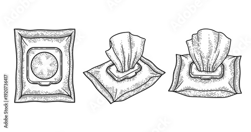 Hand drawn monochrome wet wipes packets with open lid and tissue