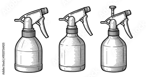 Three illustrated spray bottles with trigger heads in line art