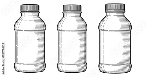 Three black and white bottles with striped caps in a line art style illustration