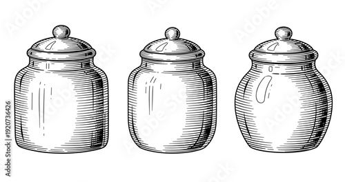 Vintage hand-drawn ceramic jars with lids in black and white sketch style