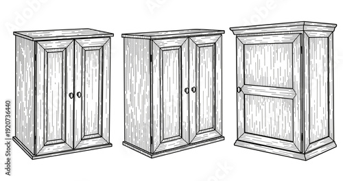 Detailed sketch of three wooden cabinets with double doors