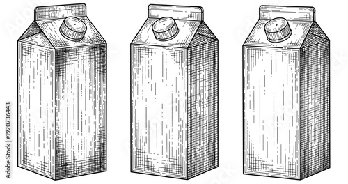 Vintage-style empty milk carton design with cap in black and white sketch