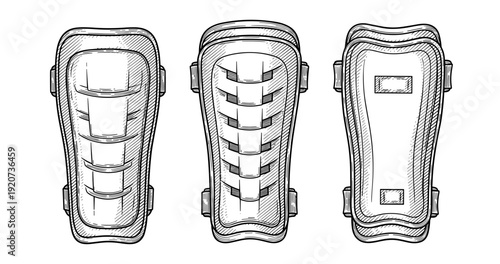 Hand-drawn sketch of sports shin guards in three different perspectives