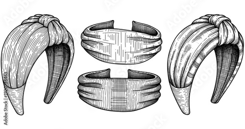 Vintage hand-drawn turban-style headbands and cuff bracelets collection