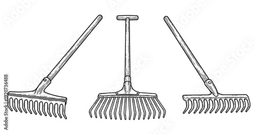 Hand-drawn garden rakes collection: three angle views of metal and wood rakes for gardening