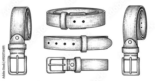 Set of vintage leather belts with buckles in various positions