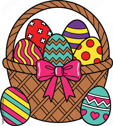 Colorful easter eggs in basket with bow